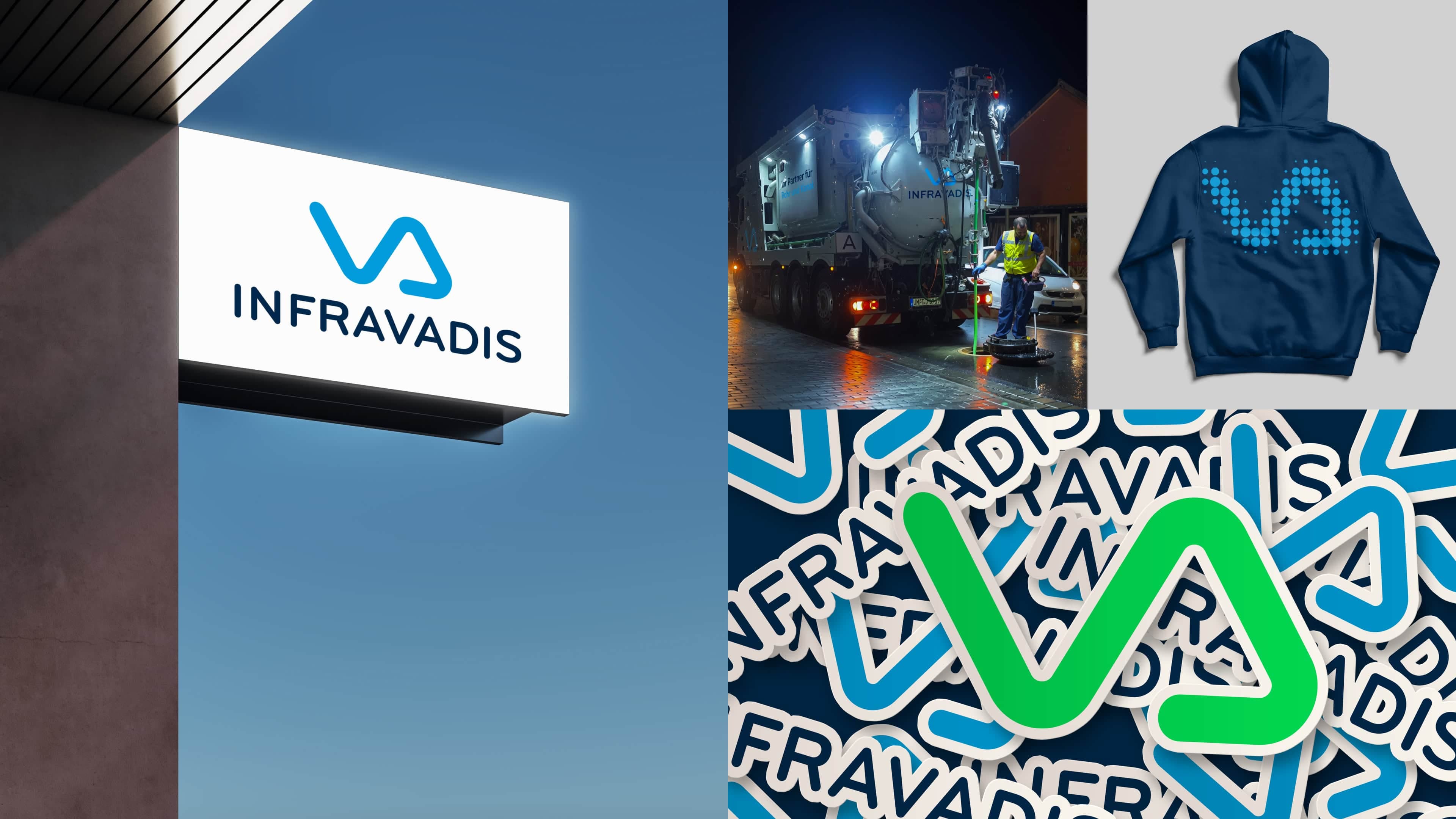 Collage aus dem INFRAVADIS Corporate Design: Leuchtreklame am Gebäude, Einsatzfahrzeug bei Nacht, Hoodie und Aufkleber mit Logo.